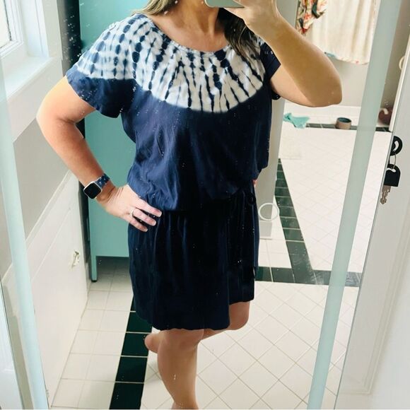 Michael Kors Navy White Tie-Dye Mini T-Shirt Dress Drawstring Jersey Dress L - Picture 3 of 10